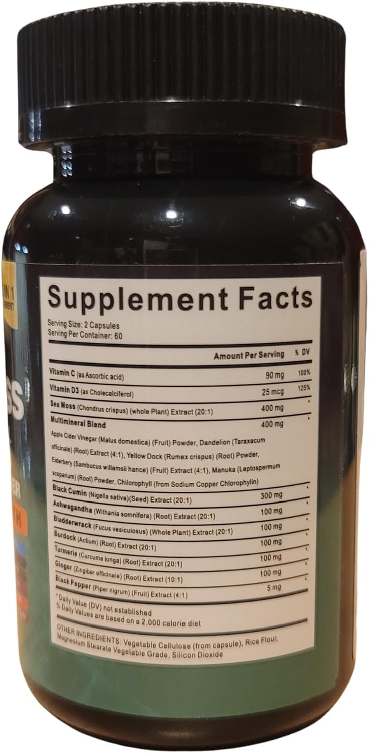 Organic Irish Sea Moss, Black Seed Oil, Ashwagandha, Turmeric,Ginger Capsule