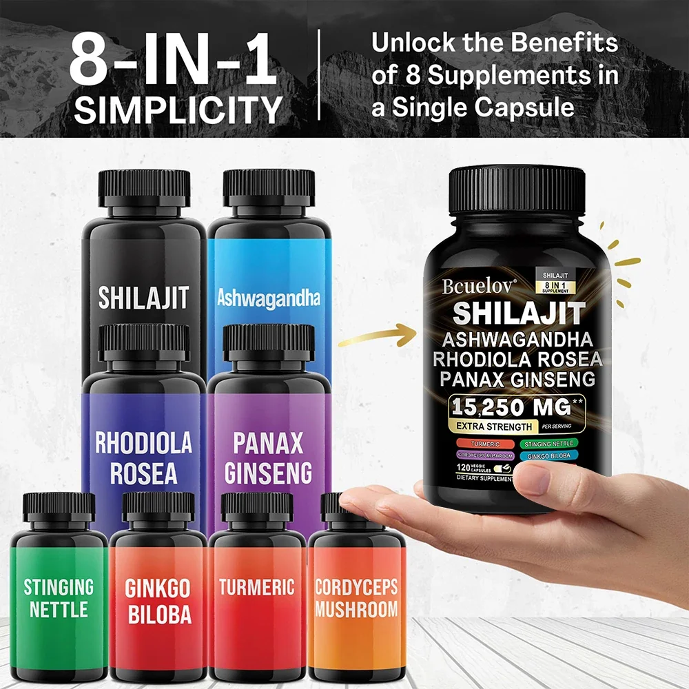 BCUELOV Shilajit 8 in 1 Supplement with Ashwagandha & Panax Ginseng - 120 Capsules