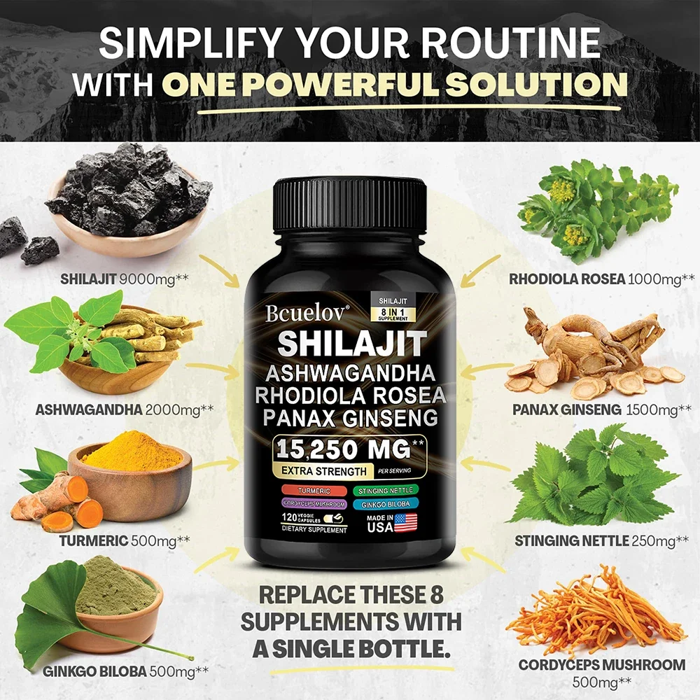 BCUELOV Shilajit 8 in 1 Supplement with Ashwagandha & Panax Ginseng - 120 Capsules
