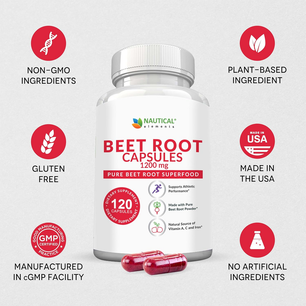 Nautical Elements Beet Root 1200mg Per Serving -120 Beet Root Powder Capsules