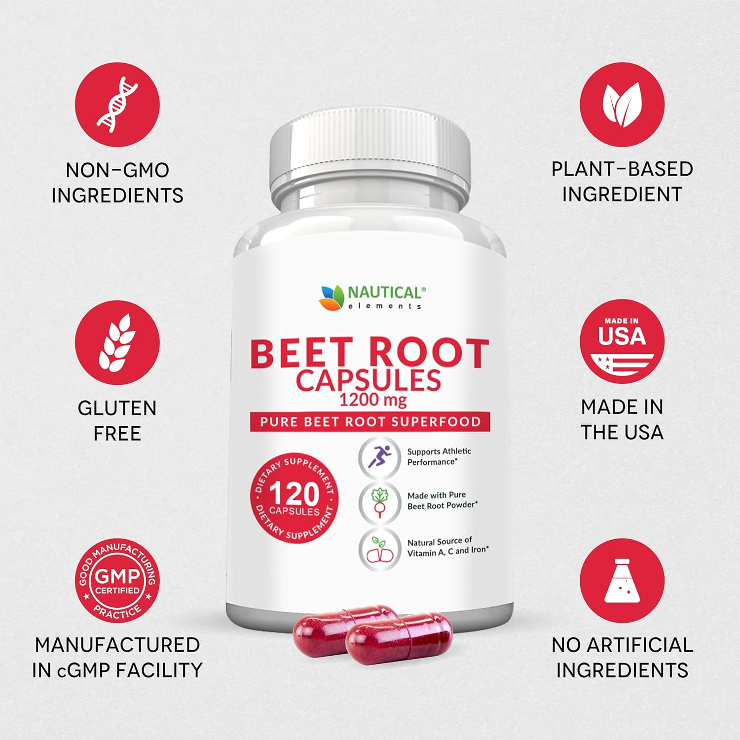 Nautical Elements Beet Root 1200mg Per Serving -120 Beet Root Powder Capsules