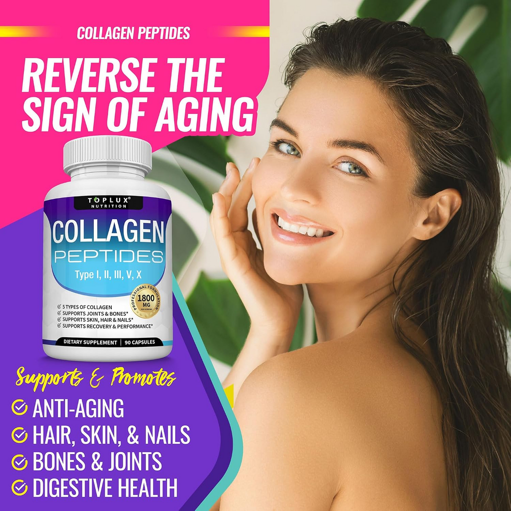 Toplux Nutrition Collagen Peptides 1800mg Types I,II,III,V,X 90 Capsules