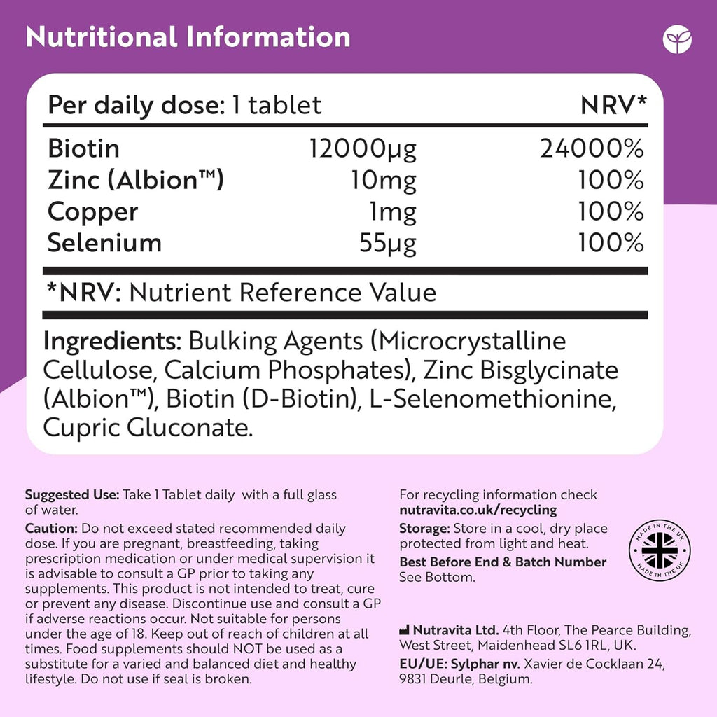 Nutravita Biotin 12,000ug with Zinc, Selenium & Copper _ 365 Tablets