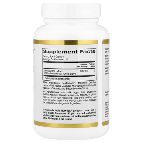 California Gold Nutrition Ashwagandha 500 mg, 120 Veg Capsules