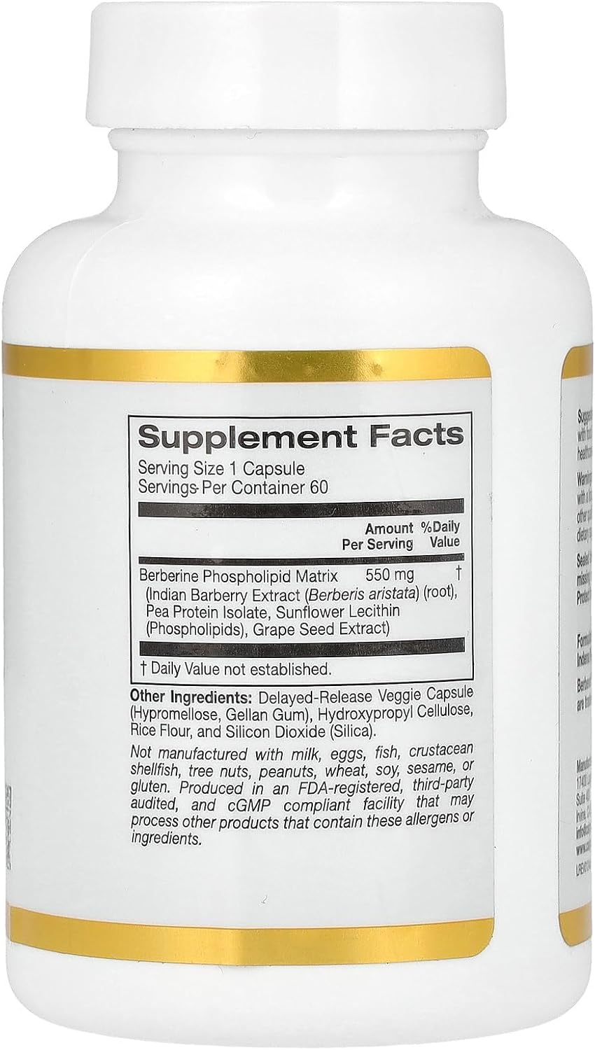 California Gold Nutrition Berberine Advanced Berbevis Phytosome with Berberine Phospholipid Complex with Sunflower Lecithin 550 mg, 60 Veggie Capsules