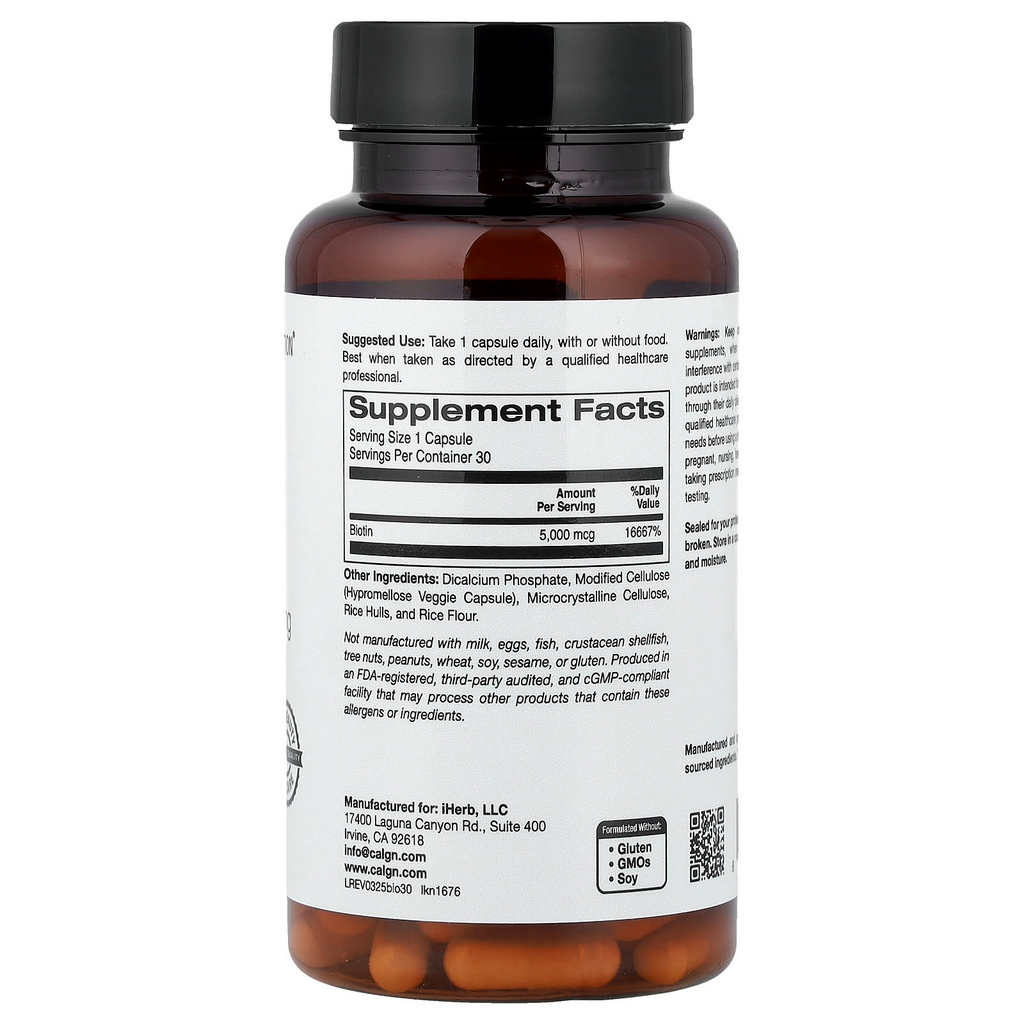 California Gold Nutrition Biotin 5,000 mcg 30 Veggie Capsules
