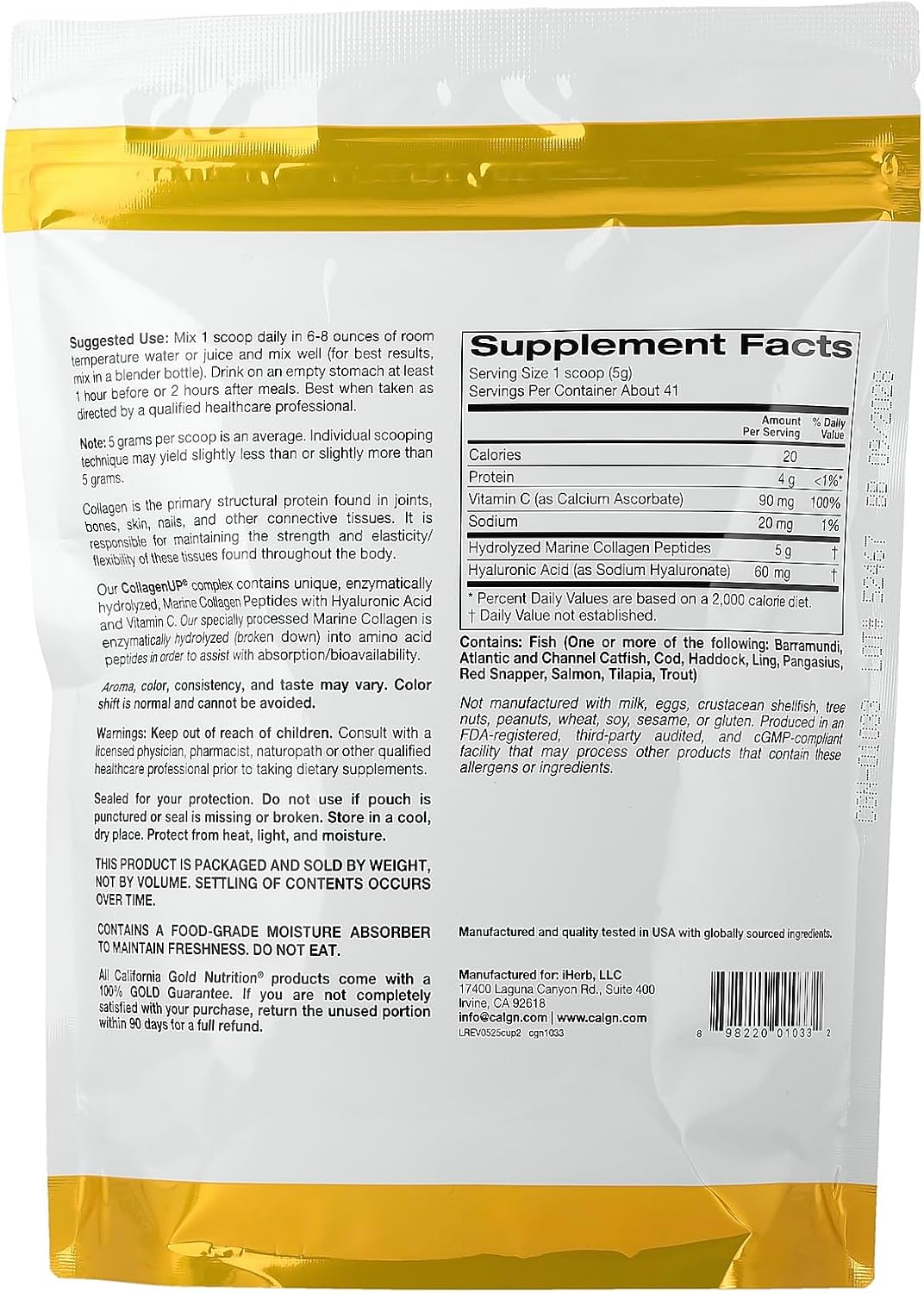 California Gold Nutrition CollagenUP®, Hydrolyzed Marine Collagen Peptides with Hyaluronic Acid and Vitamin C, Unflavored, 7.26 oz (206 g)