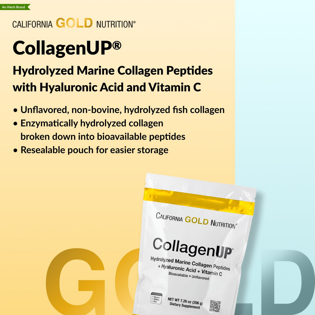 California Gold Nutrition CollagenUP®, Hydrolyzed Marine Collagen Peptides with Hyaluronic Acid and Vitamin C, Unflavored, 7.26 oz (206 g)