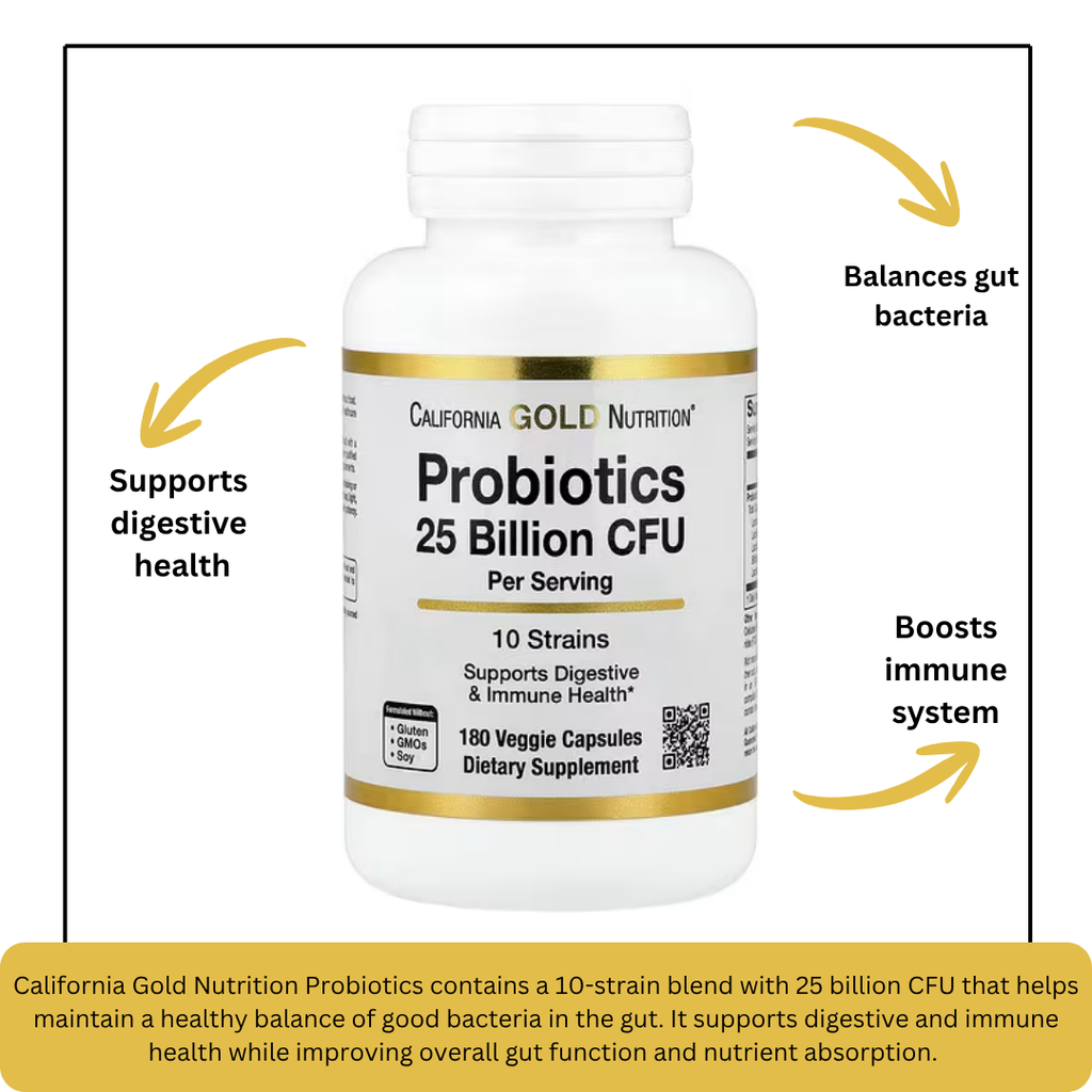 California Gold Nutrition Probiotics 10 Strain Blend 25 Billion CFU, 180 Veggie Capsules