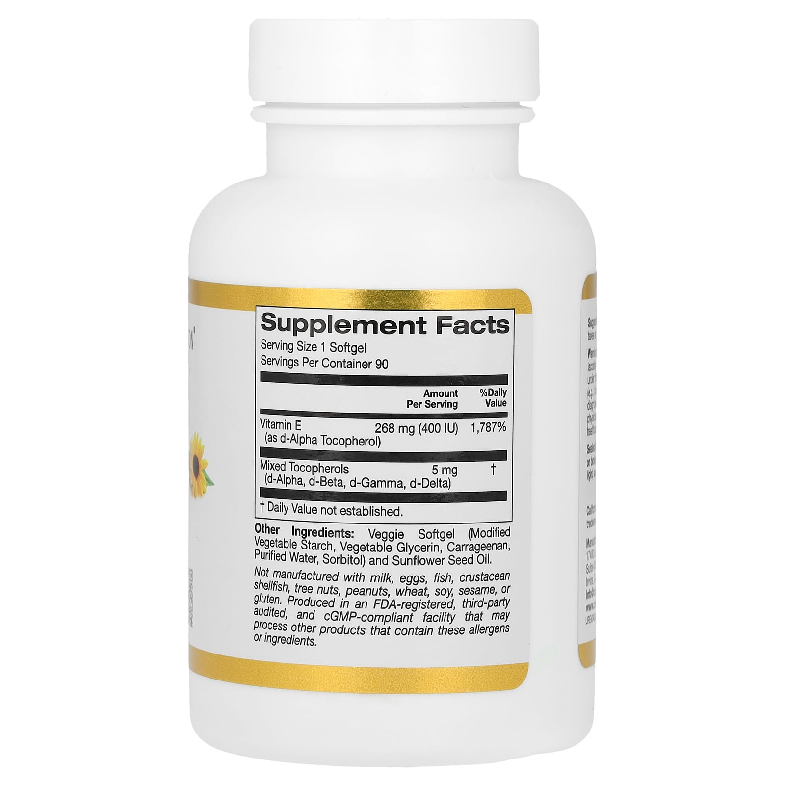 California Gold Nutrition Sunflower Vitamin E with Mixed Tocopherols, 400 IU 90 Veggie Softgels