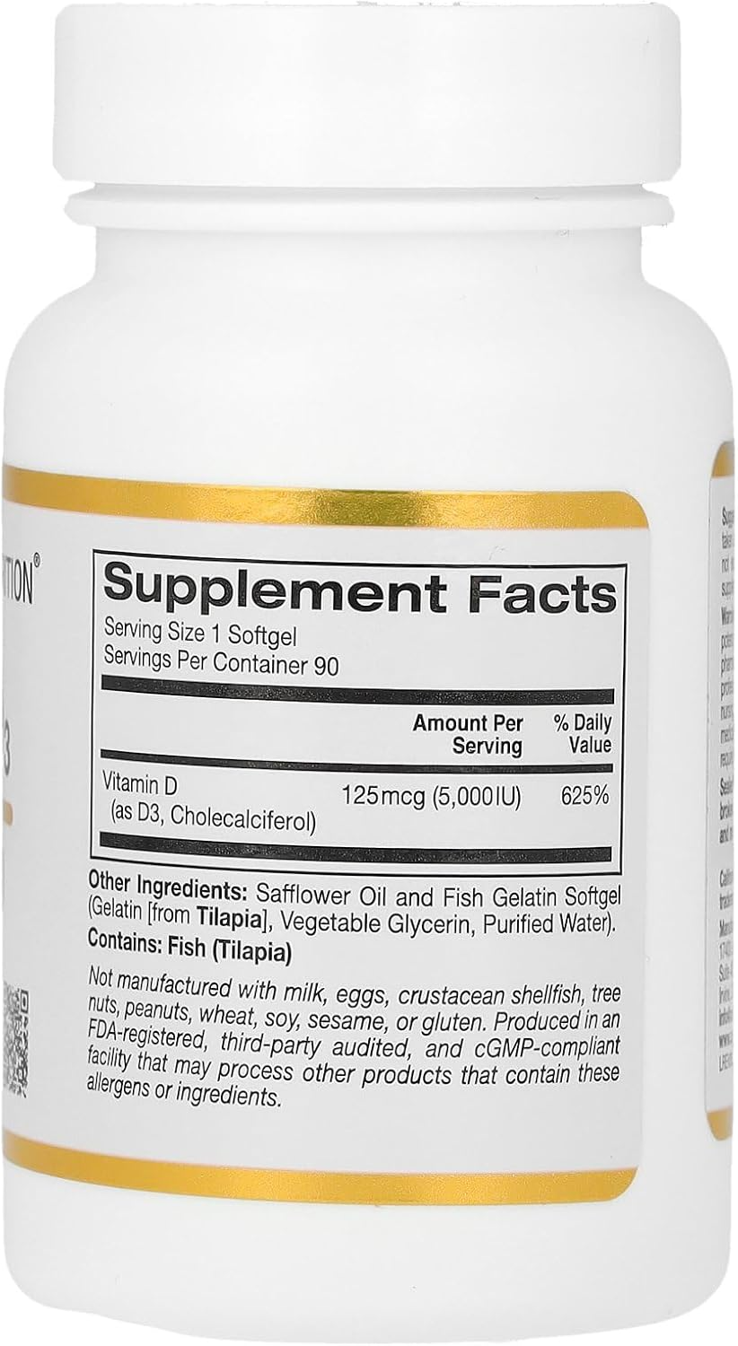 California Gold Nutrition Vitamin D3 125 mcg (5,000 IU) 90 Fish Gelatin Softgels