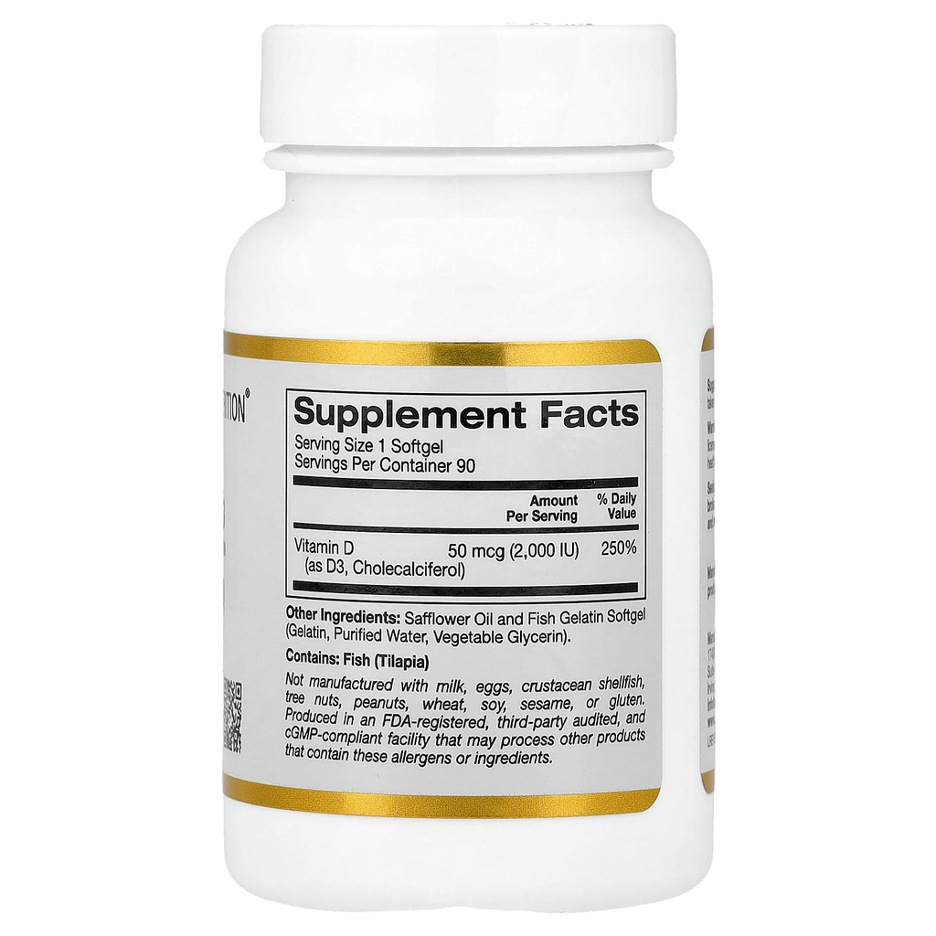 California Gold Nutrition Vitamin D3 50 mcg (2,000 IU) 90 Fish Gelatin Softgels