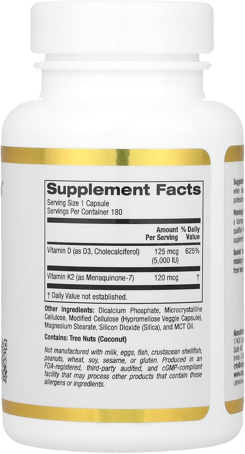 California Gold Nutrition Vitamin D3 + K2 as MK-7 180 Veggie Capsules