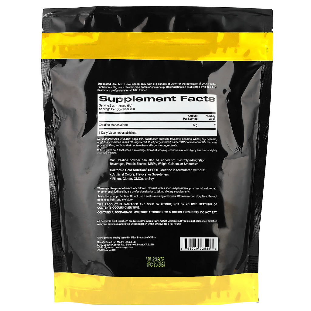 California Gold Nutrition Sport Creatine Monohydrate Unflavored, 1 lb (454 g)