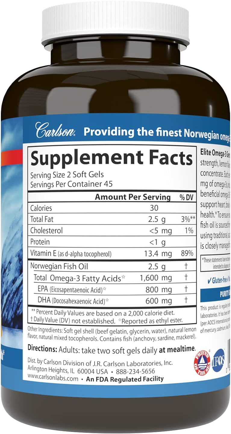 Carlson Wild Norwegian Elite Omega-3 Gems® Natural Lemon, 120 Soft Gels
