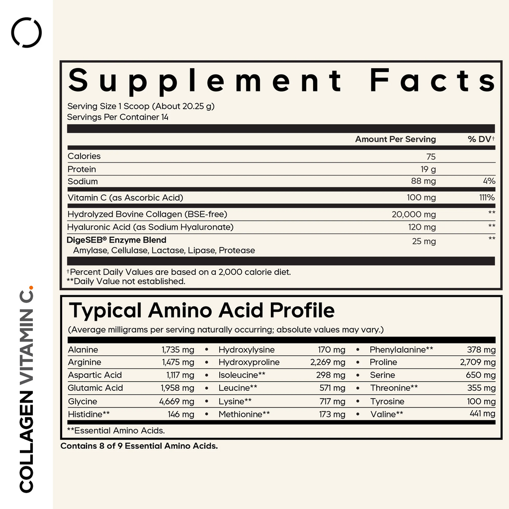 Codeage Collagen Vitamin C+ - Hydrolyzed Collagen, Vitamin C, Hyaluronic Acid, Unflavored 283g