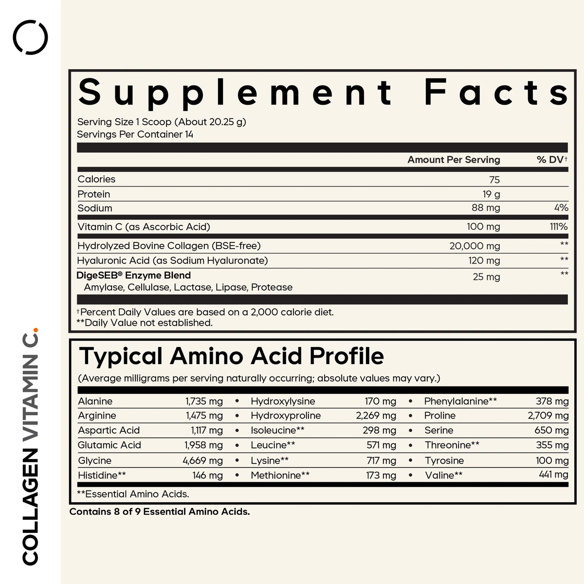 Codeage Collagen Vitamin C+ - Hydrolyzed Collagen, Vitamin C, Hyaluronic Acid, Unflavored 283g