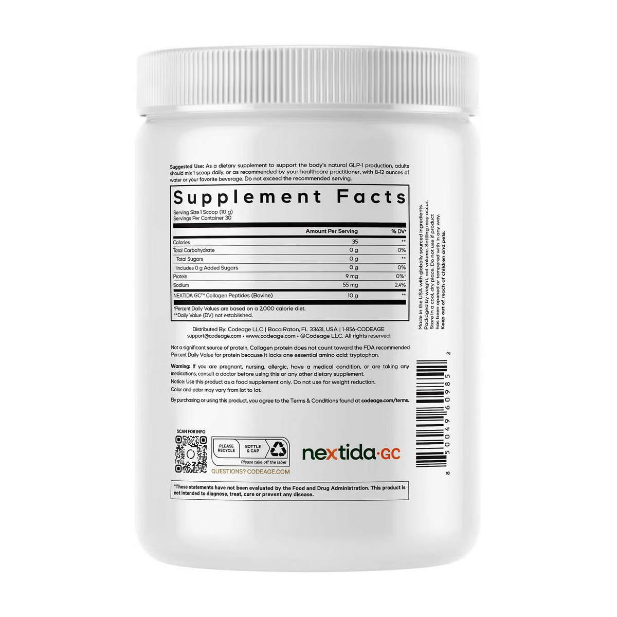 Codeage GLP-1 Collagen Peptides Unflavored - 10.58 oz (30 Servings) 300g