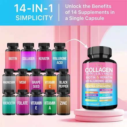 Collagen Capsules Type I, II, III, V and X with Biotin Keratin and Hyaluronic Acid - 120 Count