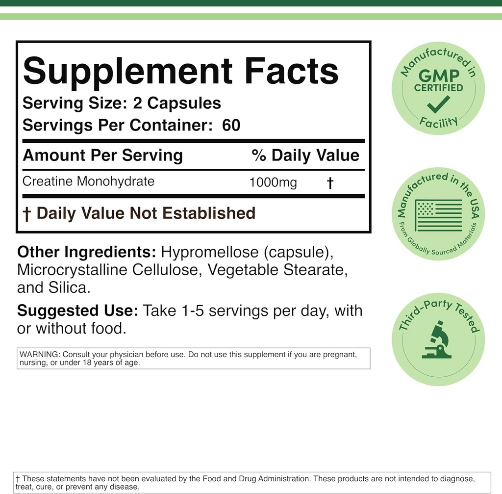 Double Wood Creatine Monohydrate Capsules 1000mg - 120 Count