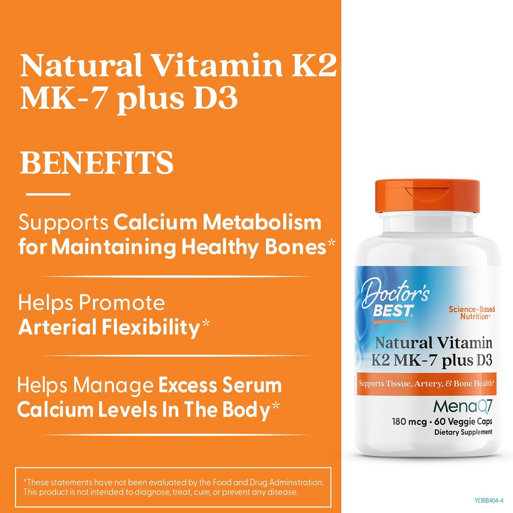 Doctor's Best Natural Vitamin K2 MK-7 Plus D3 180 mcg, 60 Veggie Caps