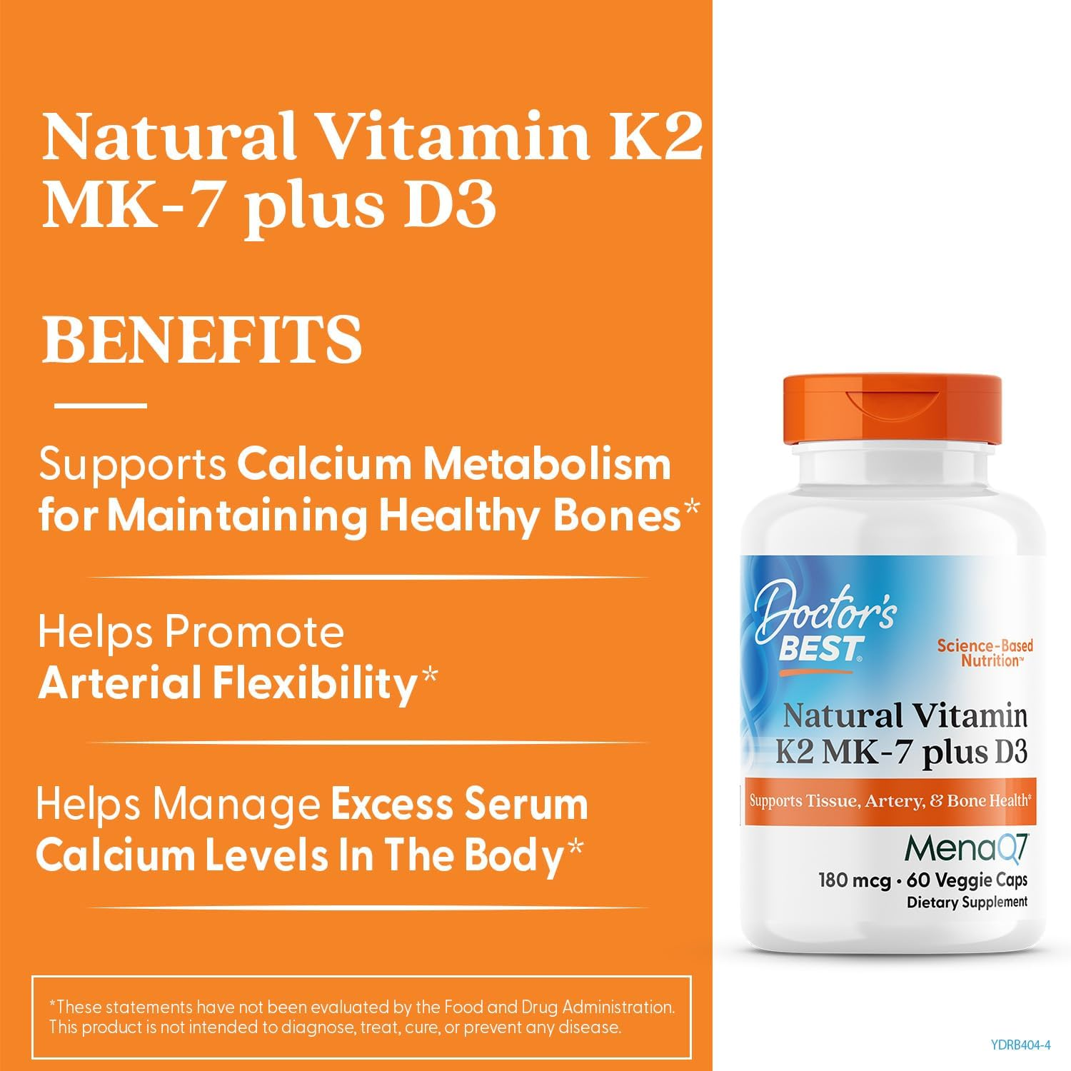 Doctor's Best Natural Vitamin K2 MK-7 Plus D3 180 mcg, 60 Veggie Caps