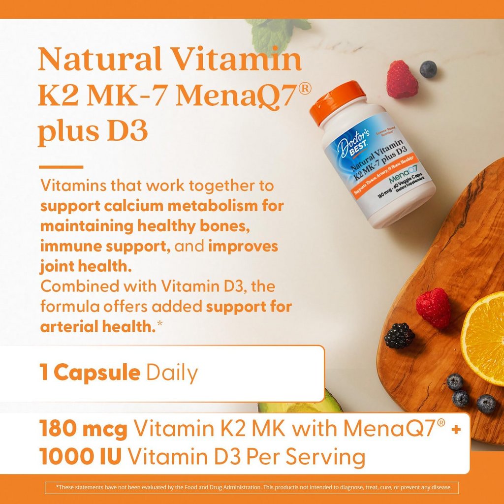 Doctor's Best Natural Vitamin K2 MK-7 Plus D3 180 mcg, 60 Veggie Caps