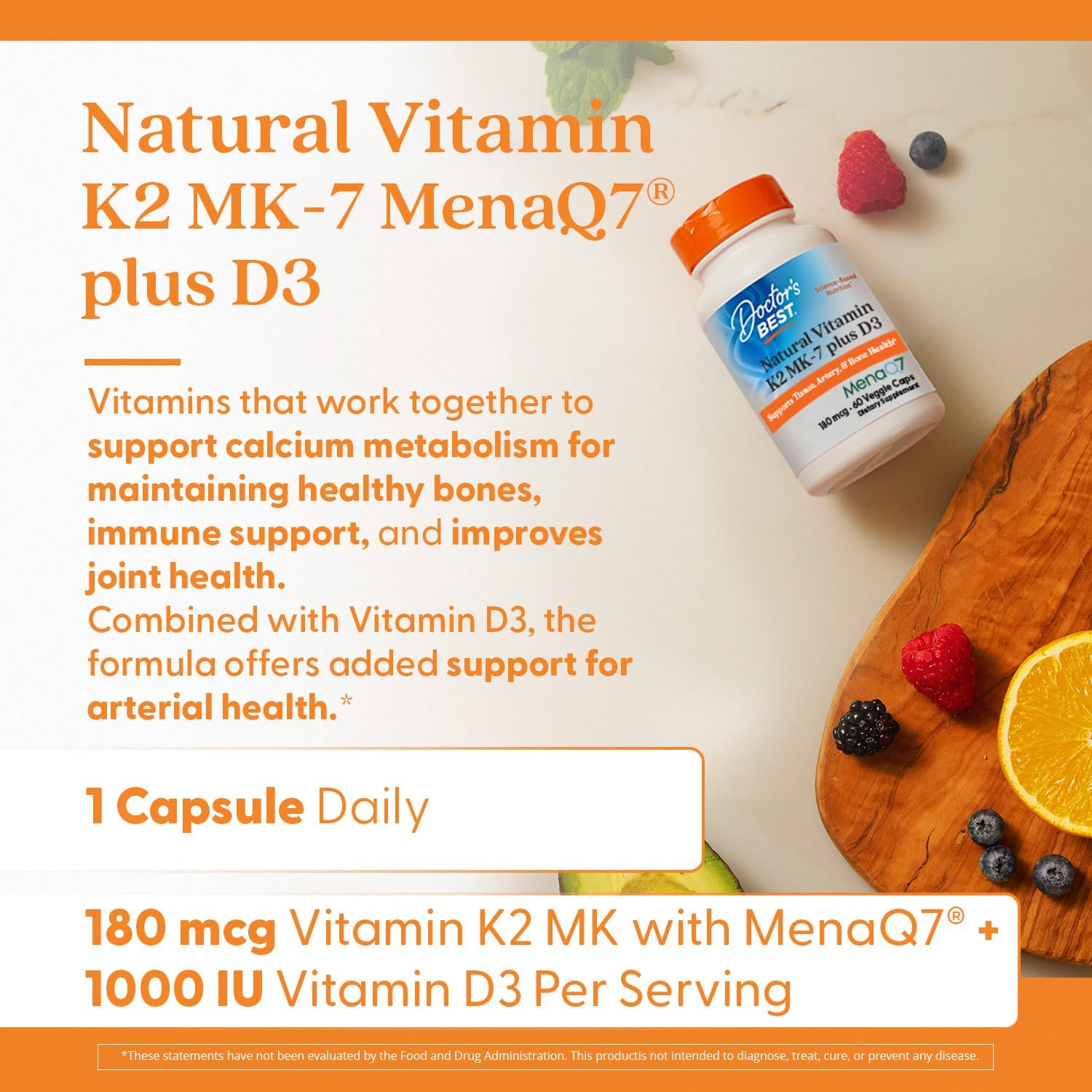 Doctor's Best Natural Vitamin K2 MK-7 Plus D3 180 mcg, 60 Veggie Caps