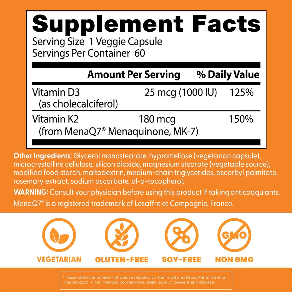 Doctor's Best Natural Vitamin K2 MK-7 Plus D3 180 mcg, 60 Veggie Caps