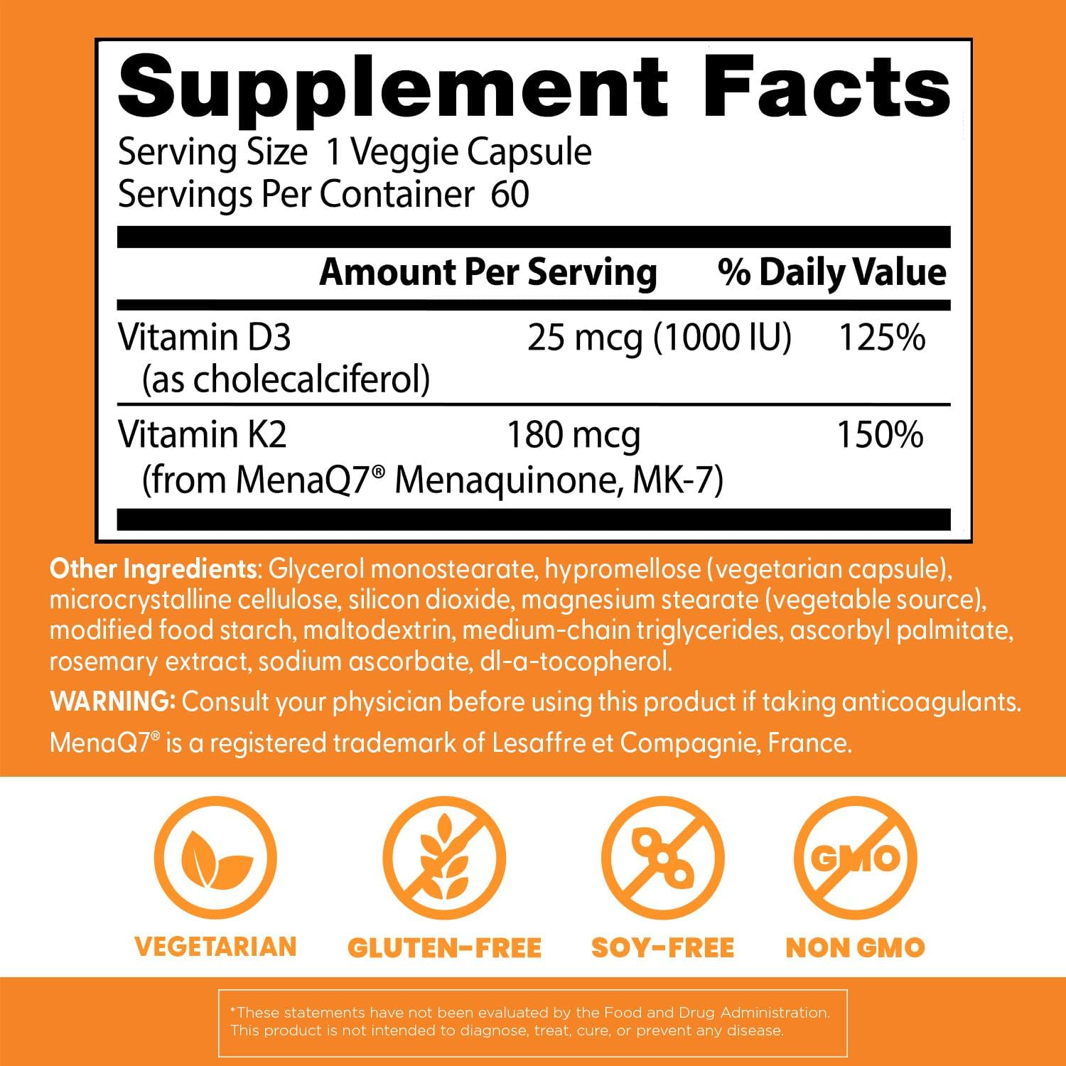 Doctor's Best Natural Vitamin K2 MK-7 Plus D3 180 mcg, 60 Veggie Caps