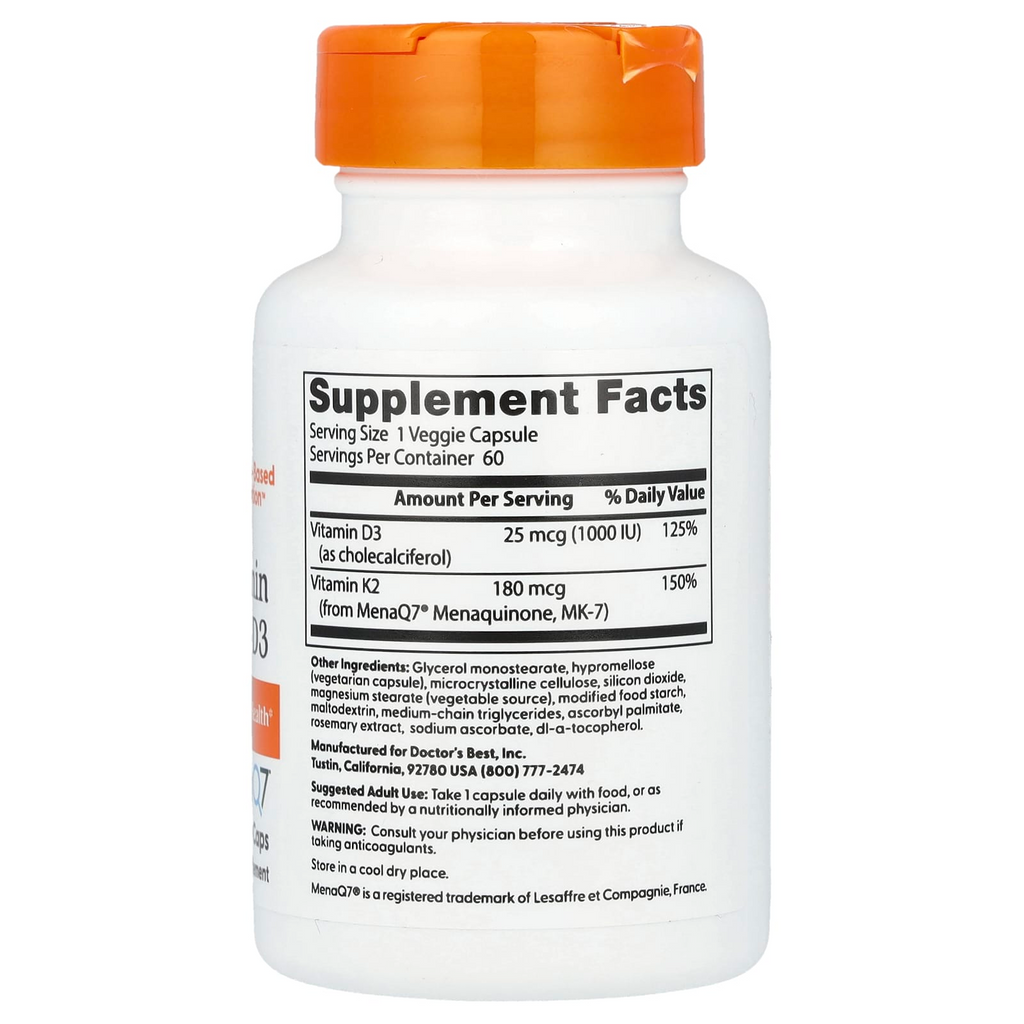 Doctor's Best Natural Vitamin K2 MK-7 Plus D3 180 mcg, 60 Veggie Caps