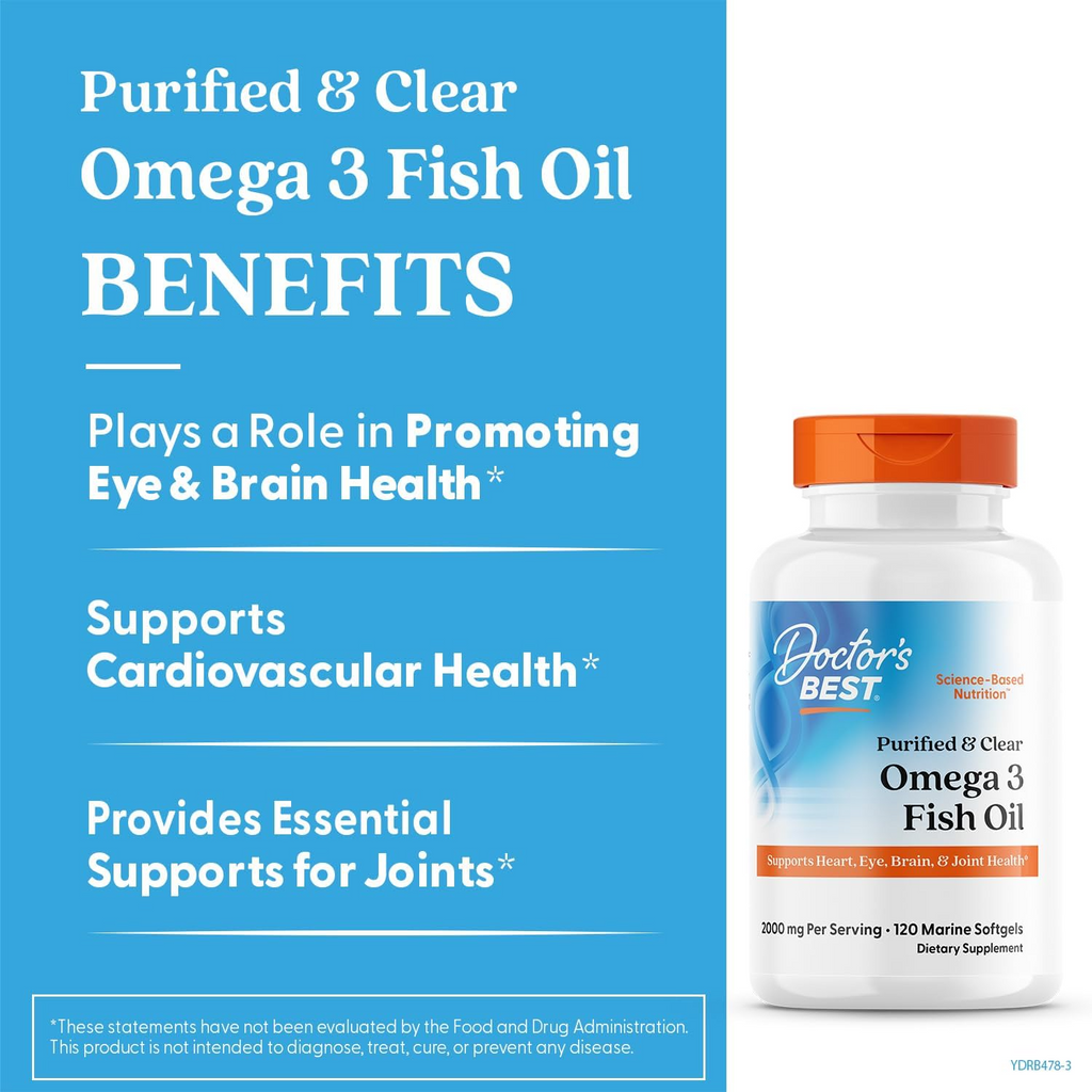 Doctor's Best Purified & Clear Omega 3 Fish Oil 120 Softgels (1,000 mg per Softgel)