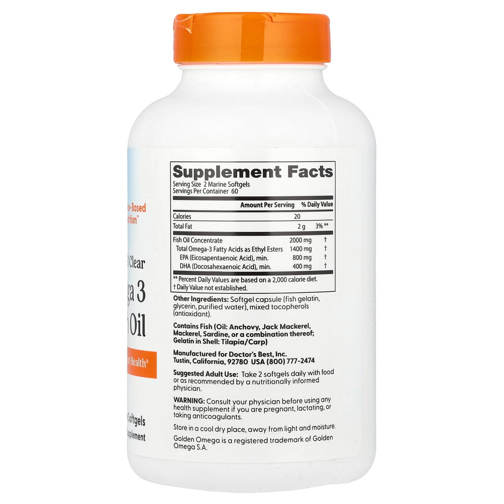 Doctor's Best Purified & Clear Omega 3 Fish Oil 120 Softgels (1,000 mg per Softgel)