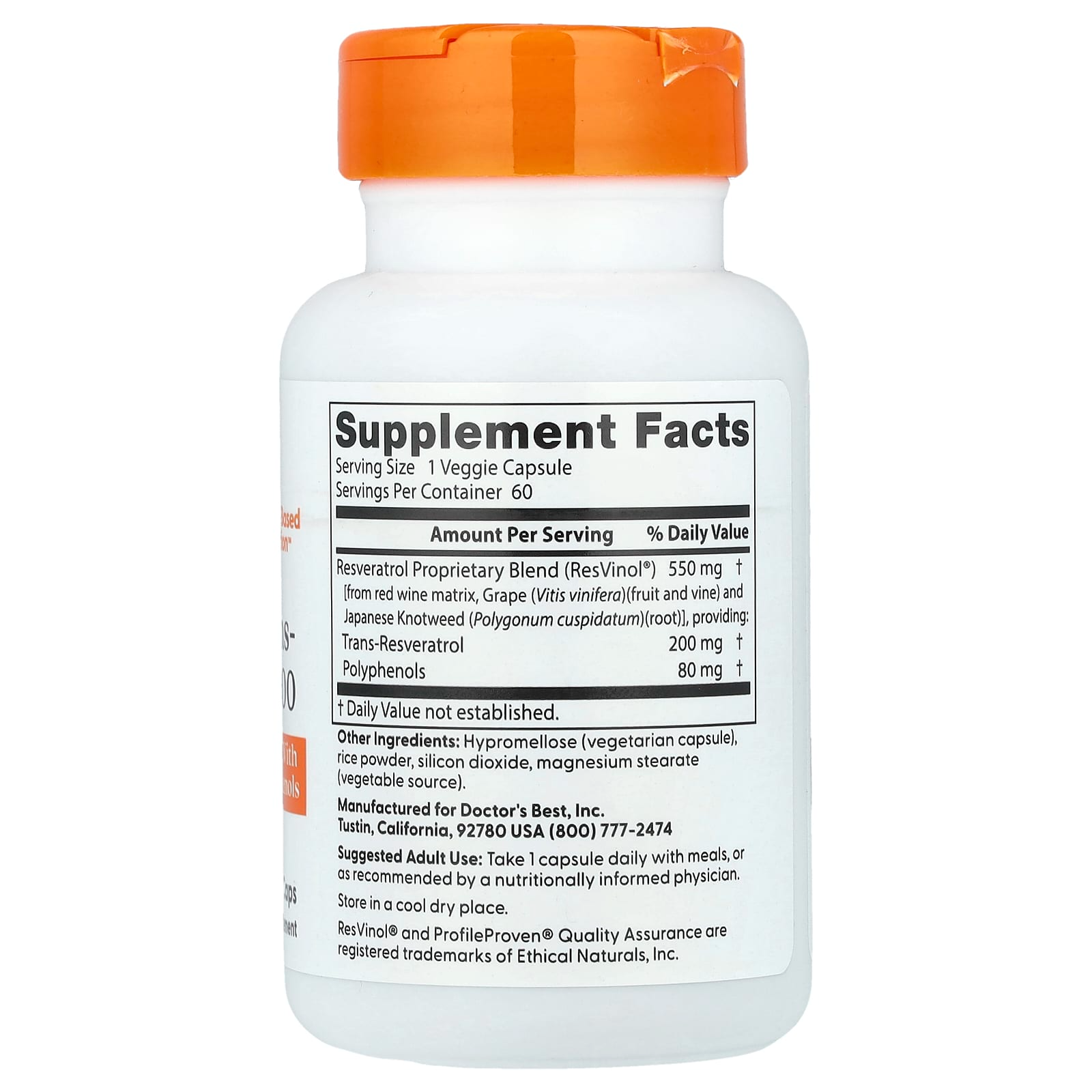 Doctor's Best Trans-Resveratrol 200, 200 mg, 60 Veggie Caps