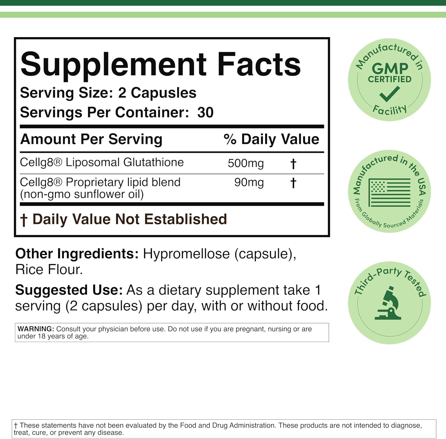 Double Wood Liposomal Glutathione 500mg per Serving, 60 Capsules