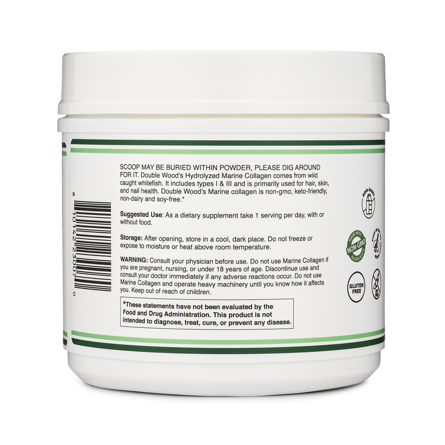 Double Wood Supplements Marine Collagen Powder, Unflavored 1 LB 456g