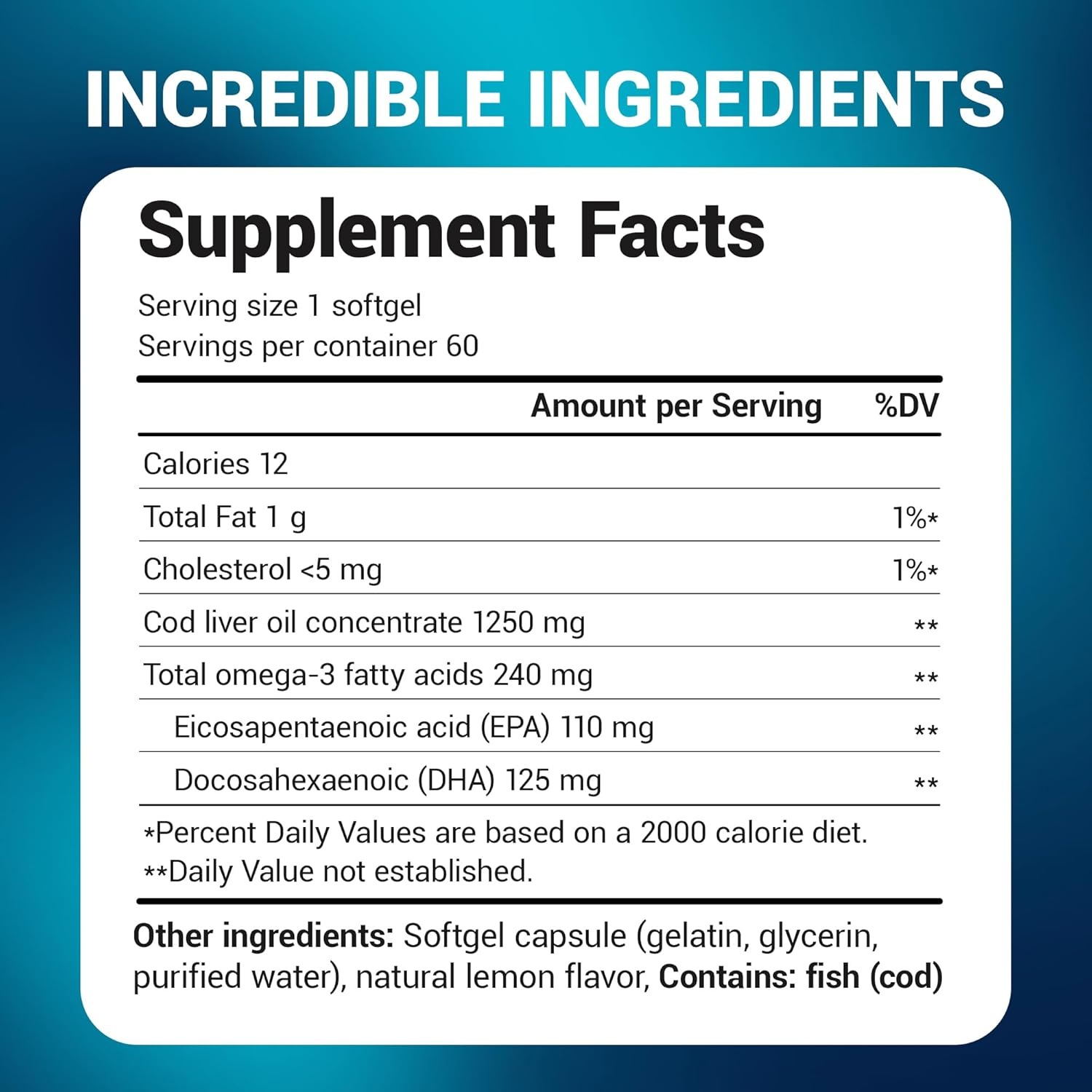 Dr. Berg Maximum Strength Omega-3 Cod Liver Fish Oil 1250 mg - 60 Softgels