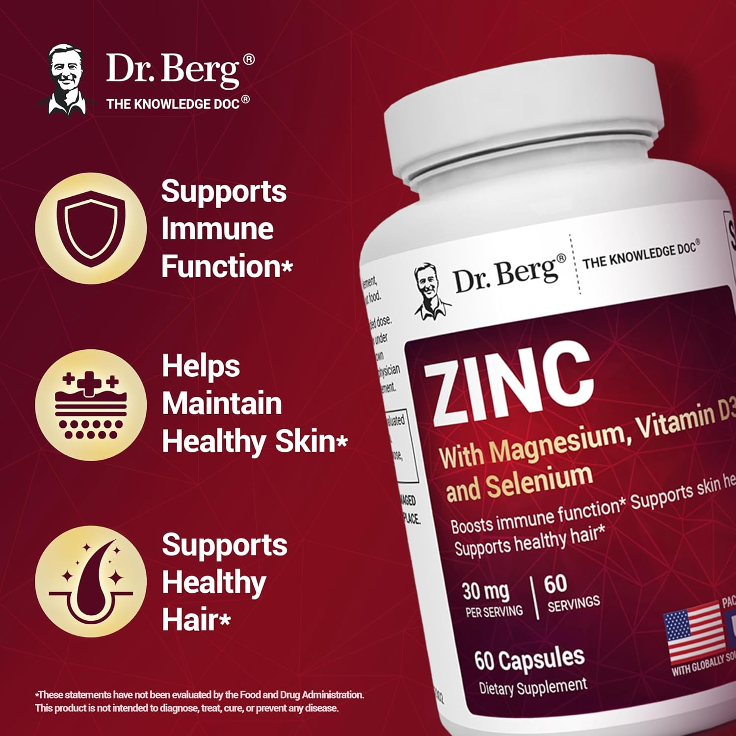Dr Berg Zinc with Magnesium, Vitamin D3 and Selenium 30 mg of Zinc – 60 vegetable capsules