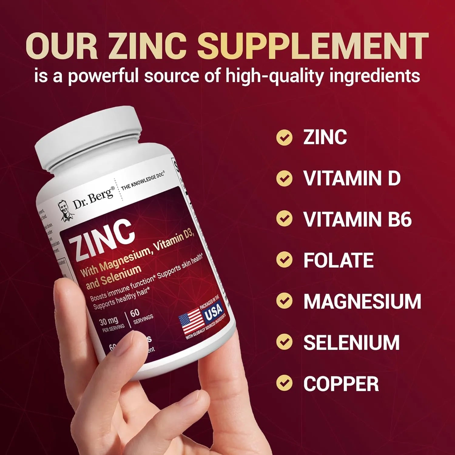 Dr Berg Zinc with Magnesium, Vitamin D3 and Selenium 30 mg of Zinc – 60 vegetable capsules