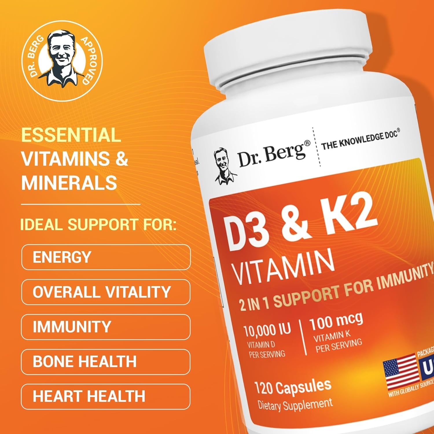 Dr. Berg Maximum Strength 2-in-1 Vitamin D3 K2 10,000 IU - 120 Capsules