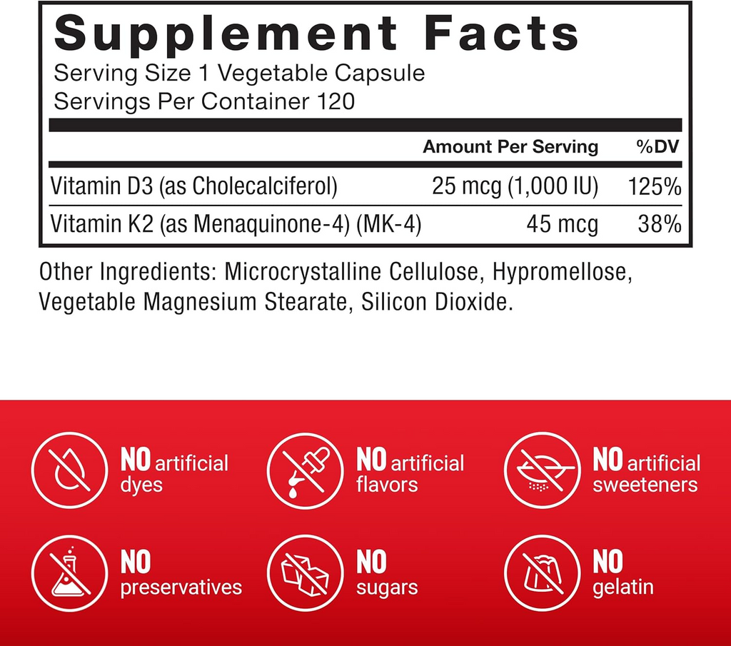 Force Factor Vitamin D3 & K2 120 Vegetable Capsules