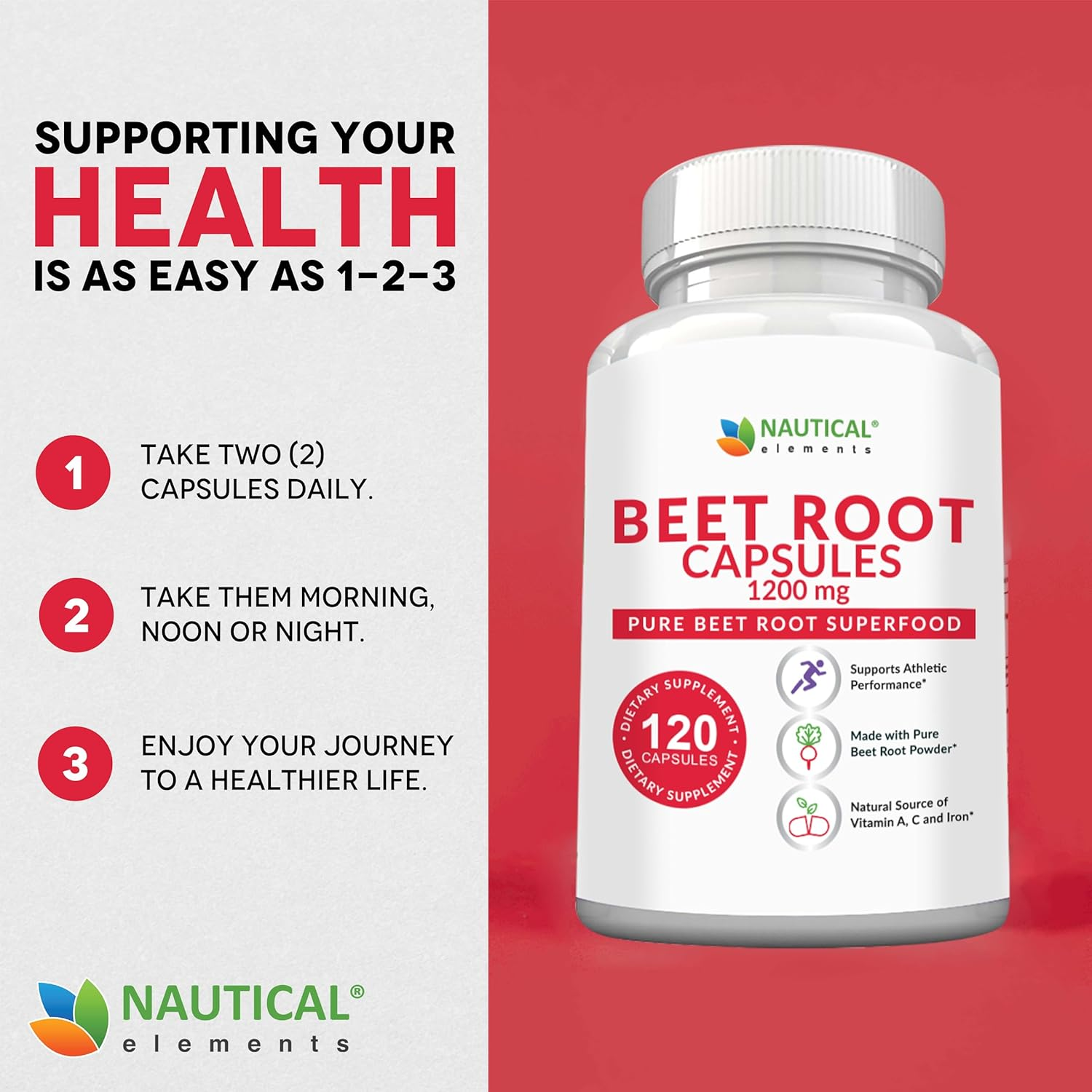 Nautical Elements Beet Root 1200mg Per Serving -120 Beet Root Powder Capsules