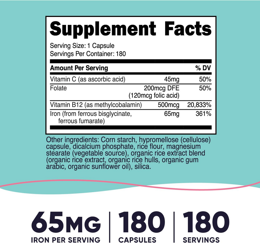 Nutricost Iron for Women 65mg with Vitamin C Folate & Vitamin B12 180 Capsules
