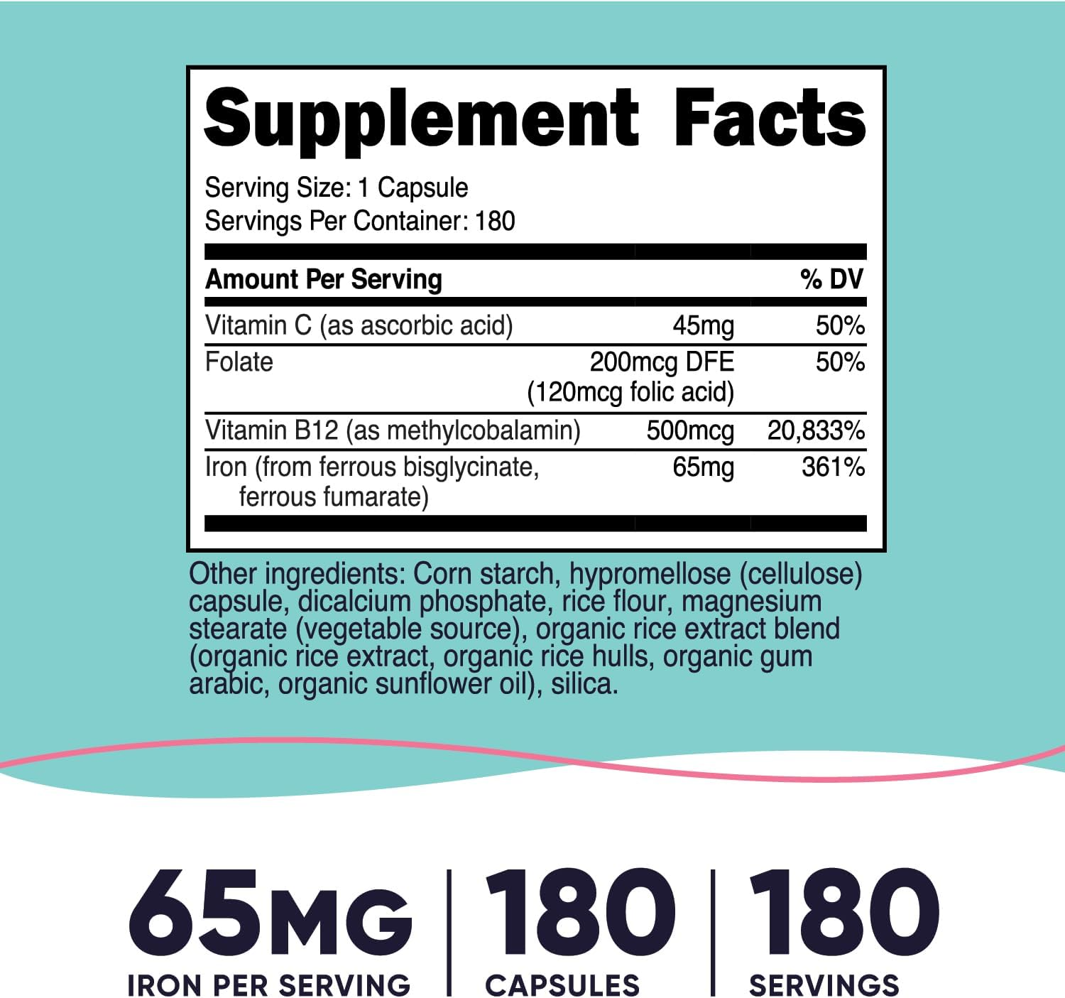 Nutricost Iron for Women 65mg with Vitamin C Folate & Vitamin B12 180 Capsules