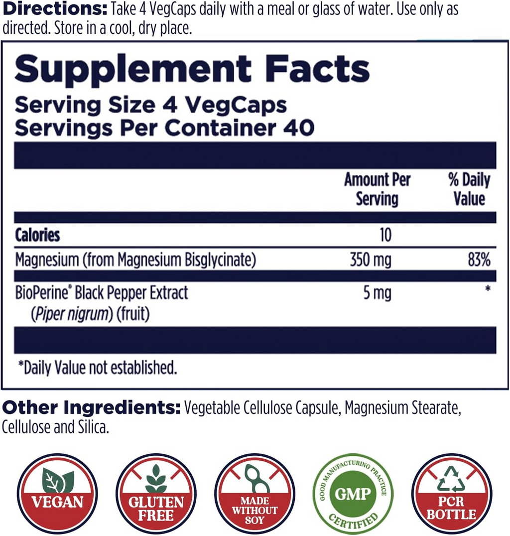 KAL High Absorption Magnesium Glycinate 350, 160 VegCaps