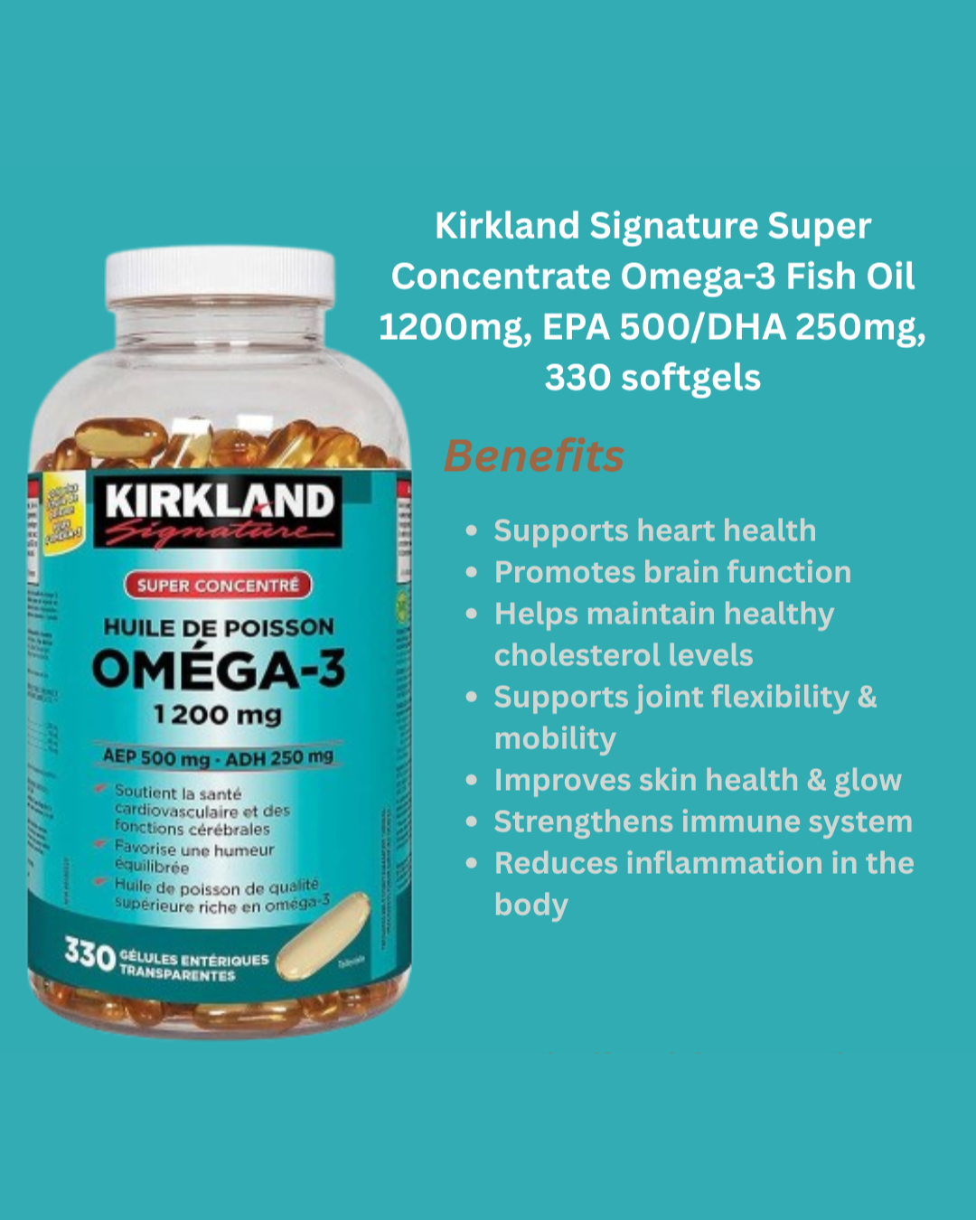 Kirkland Signature Super Concentrate Omega-3 Fish Oil 1200mg, EPA 500/DHA 250mg, 330 Clear enteric softgels