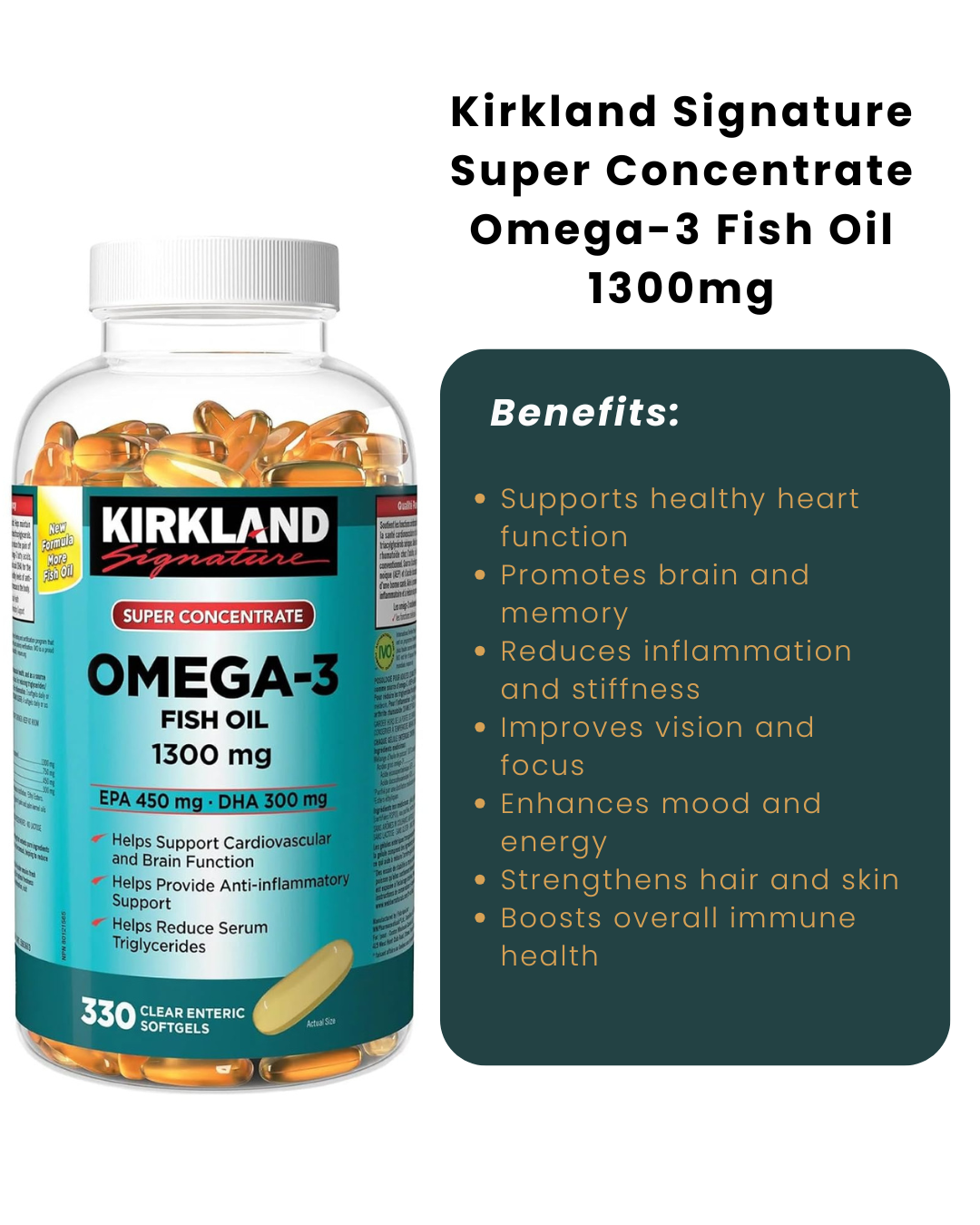 kirkland Signature Super Concentrate Omega 3 Fish Oil Softgels, 1300 mg, EPA 450 mg, DHA 300 mg, Omega-3 Fatty Acids 750 mg