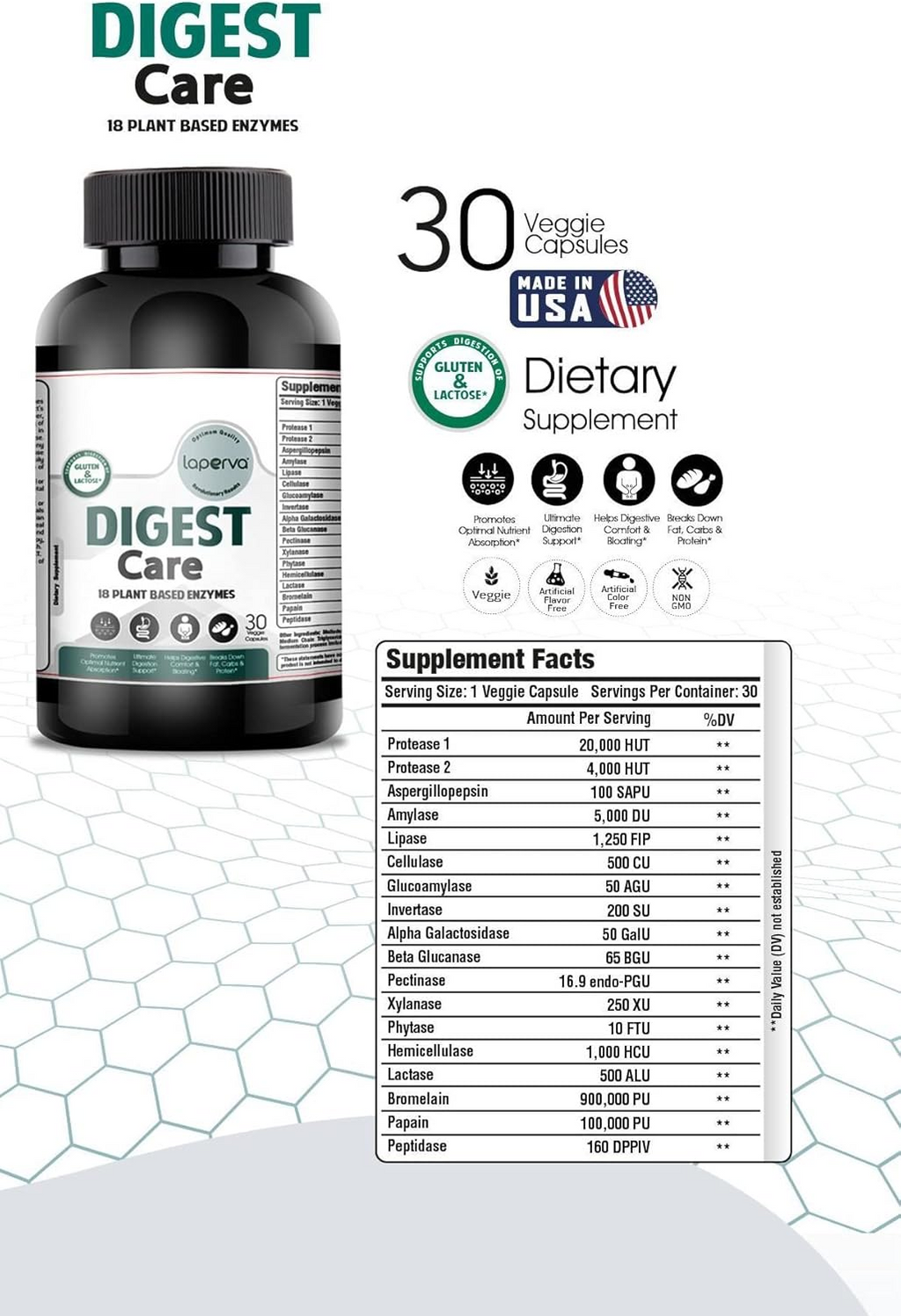 Laperva Digest Care 18 Plant Based Enzymes 30 Veggie Capsules