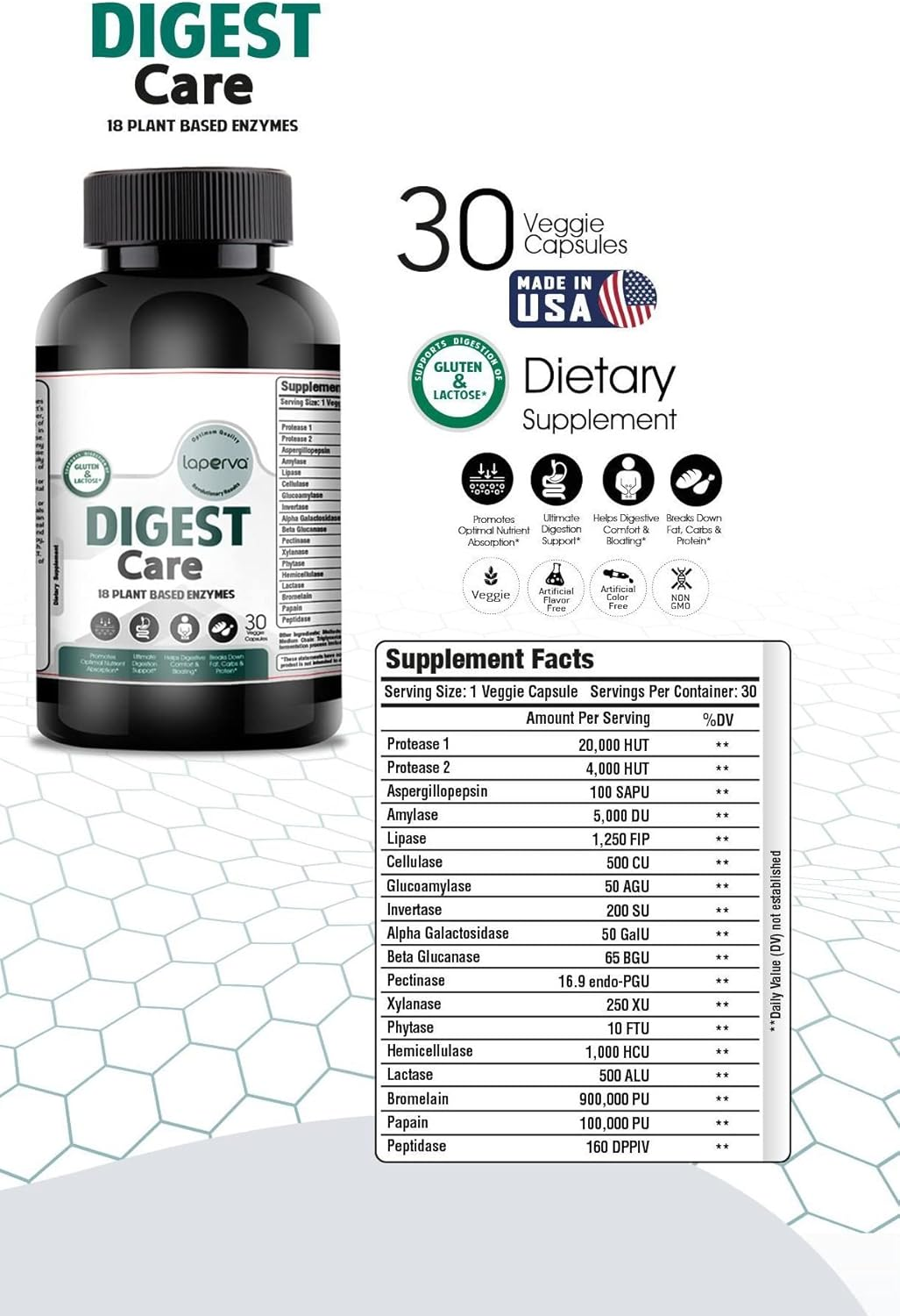 Laperva Digest Care 18 Plant Based Enzymes 30 Veggie Capsules