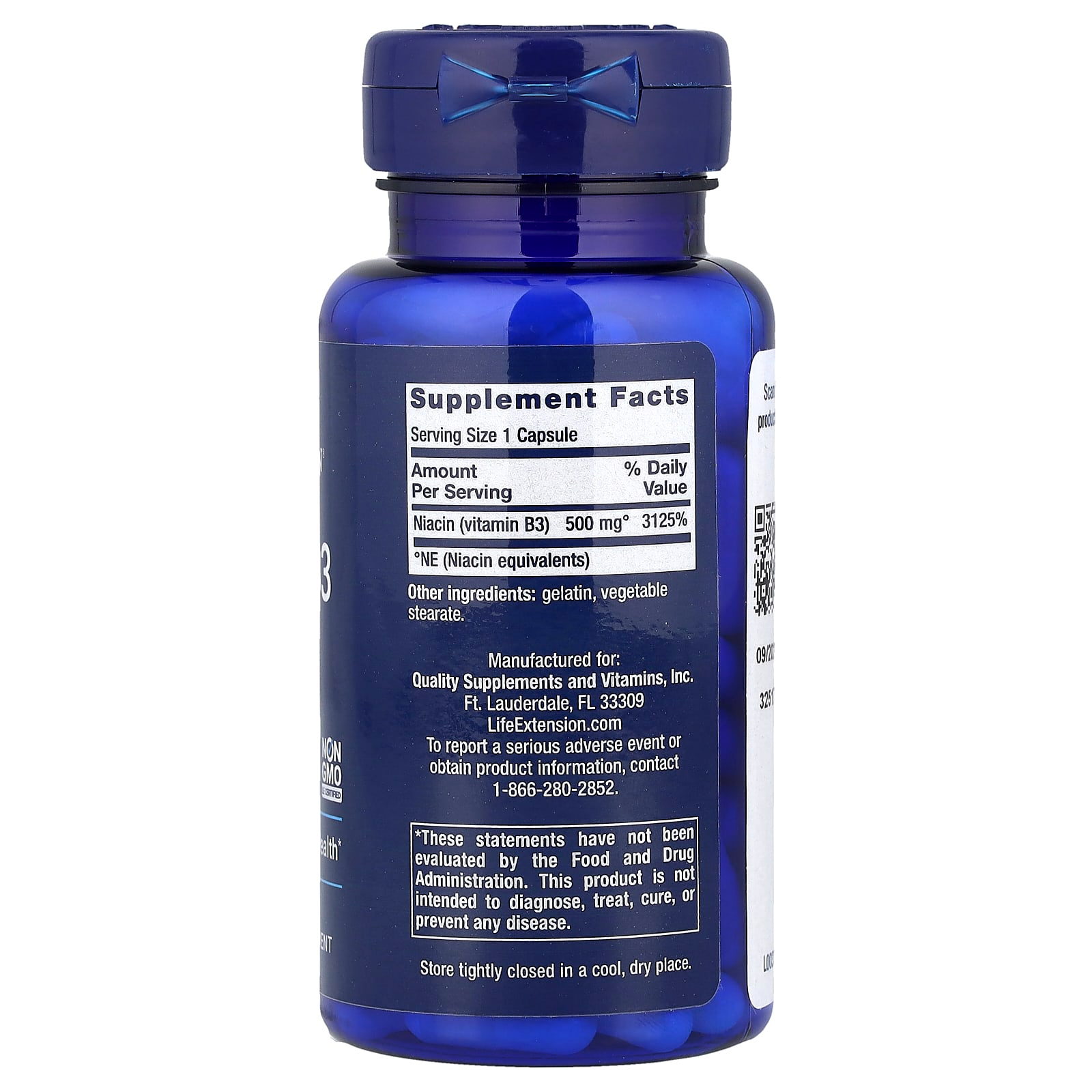 Life Extension Vitamin B3 Niacin 500 mg, 100 Capsules